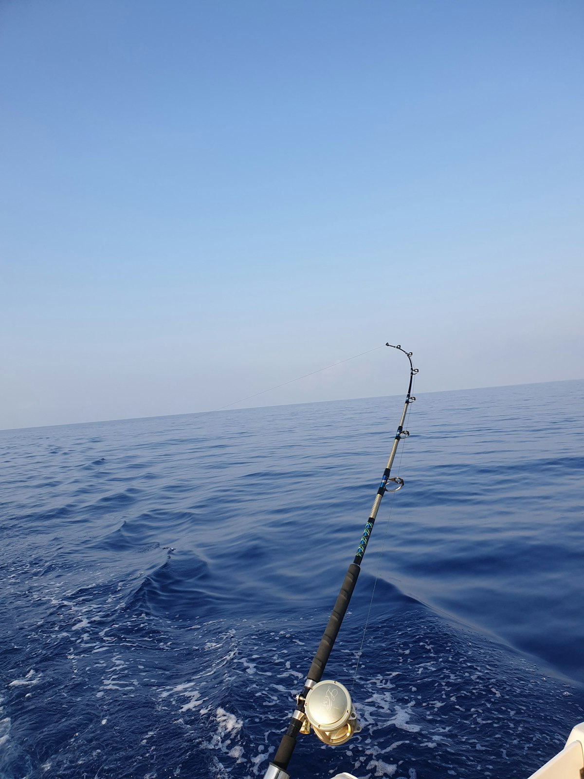 Big-game fishing rod mounted on a boat at sea